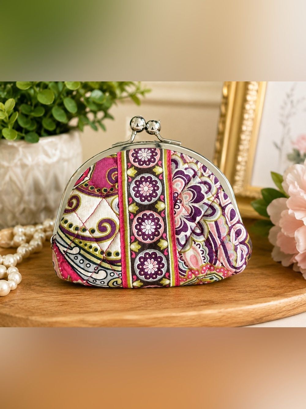 Vera Bradley Very Berry Paisley Double Kiss Lock Coin Purse Quilted Wallet